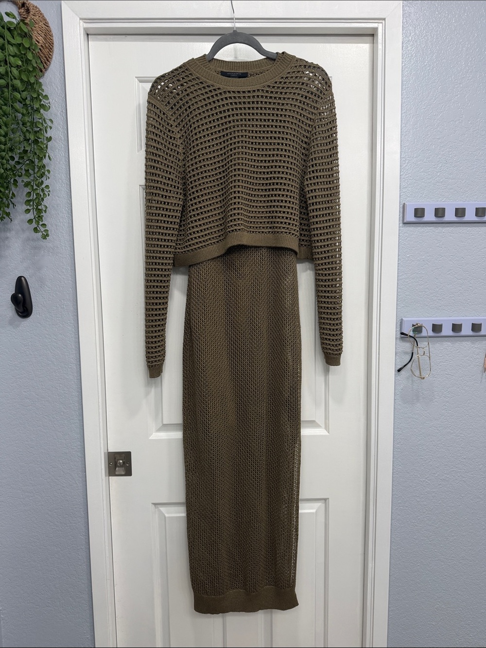 AllSaints Olive Crochet Knit Midi Dress Set